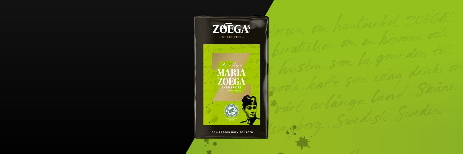 Bild på Zoegas kaffepaket Maria Zoéga med grön bakgrund 